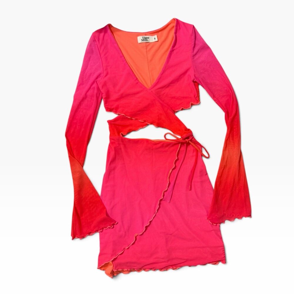 Tiger Mist Pink Orange Ombre Mesh Wrap Mini Dress Small NWOT Cutout Bell Sleeve